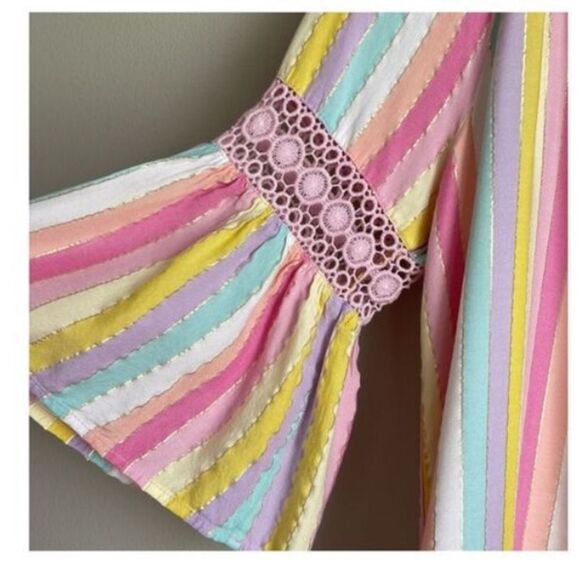 Crown & Ivy Womens XL Bell Sleeve Shirt Dress Pastel Rainbow Stripe Boho Crochet - Picture 7 of 10